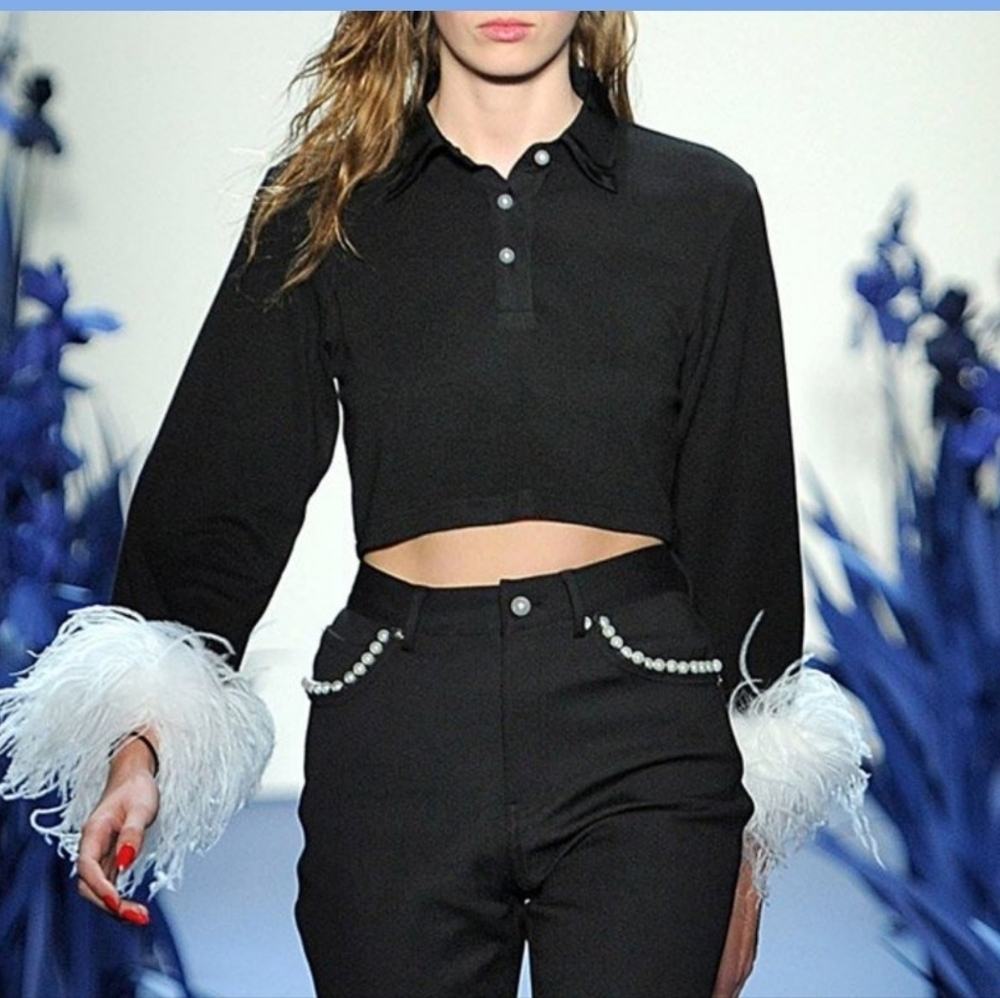 Adam Selman Mandrel Cropped Polo Black Ostrich Feathers NY Fashion Week 2018